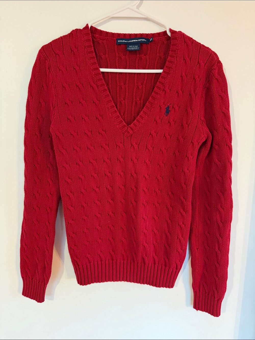 Ralph Lauren Women's Bright Red Cable-Knit V-Neck Sweater
